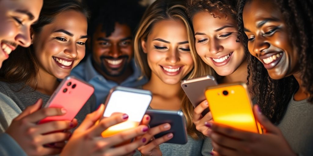 Diverse adults connecting on mobile devices.