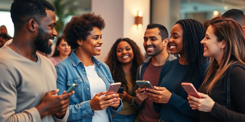 Diverse adults connecting on phones, warm light