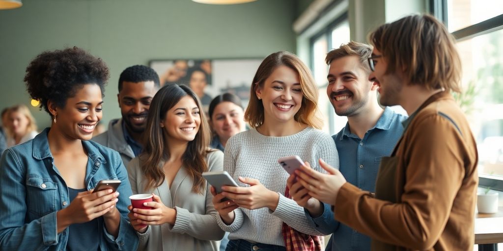 Diverse adults connecting on polyamory app.