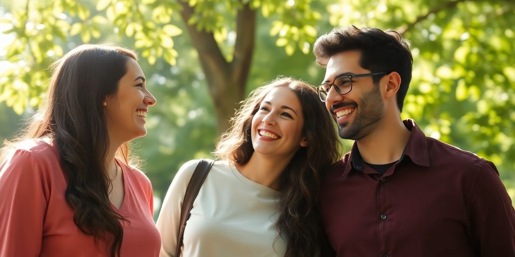 Diverse adults connecting, smiling, outdoors, natural light.