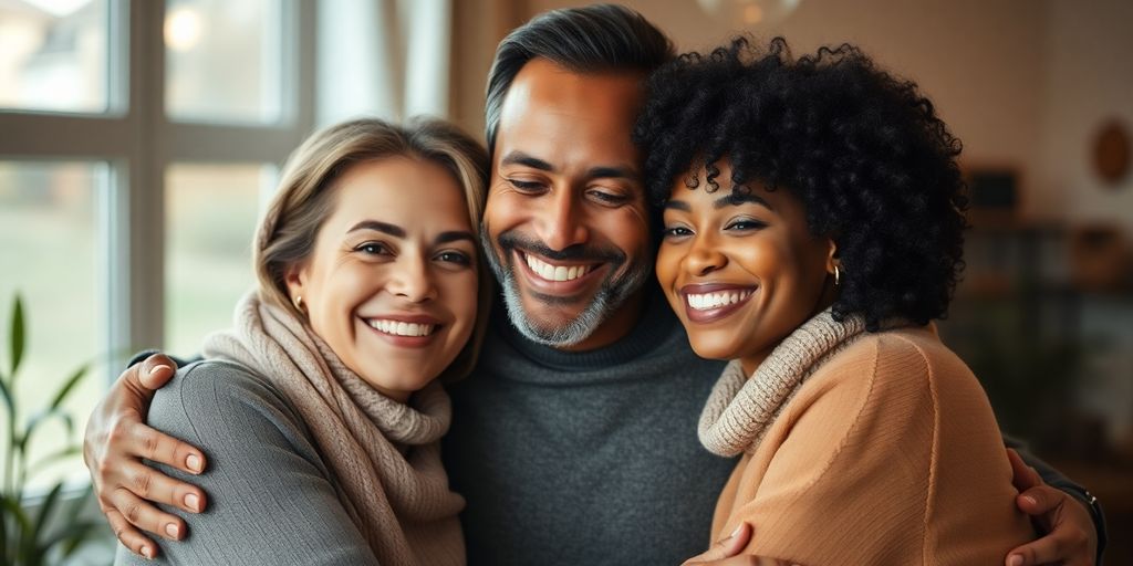 Diverse adults connecting, smiling, warm light.