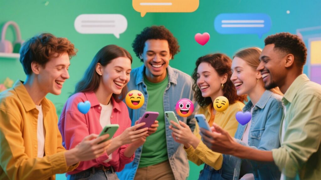 Diverse adults dating online, happy, connected