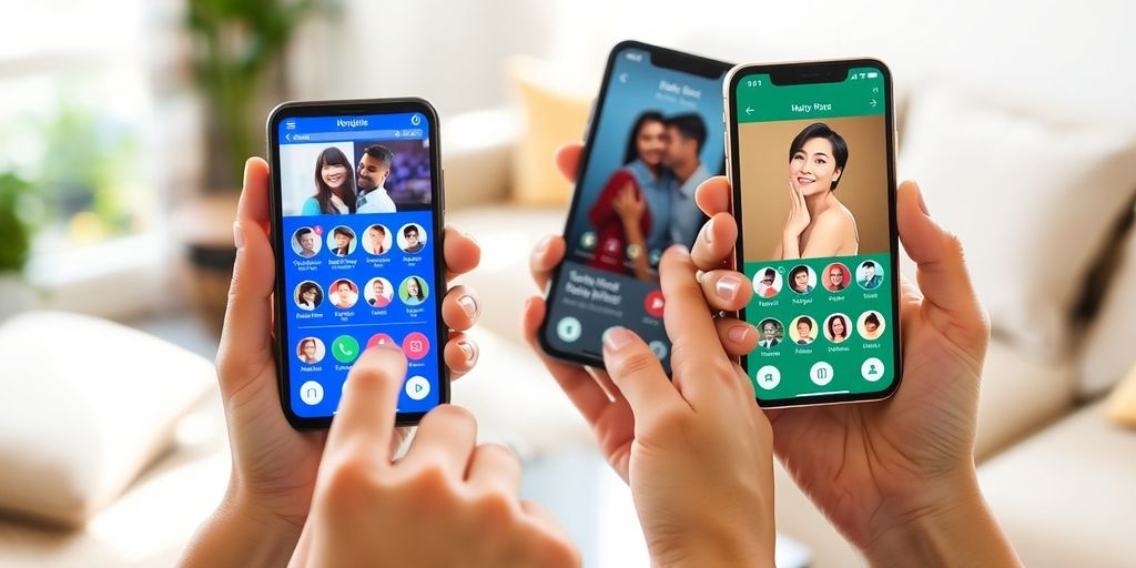 Diverse adults dating through phone apps