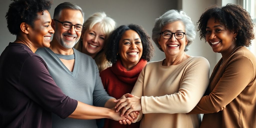 Diverse adults embracing, holding hands, smiling warmly together.