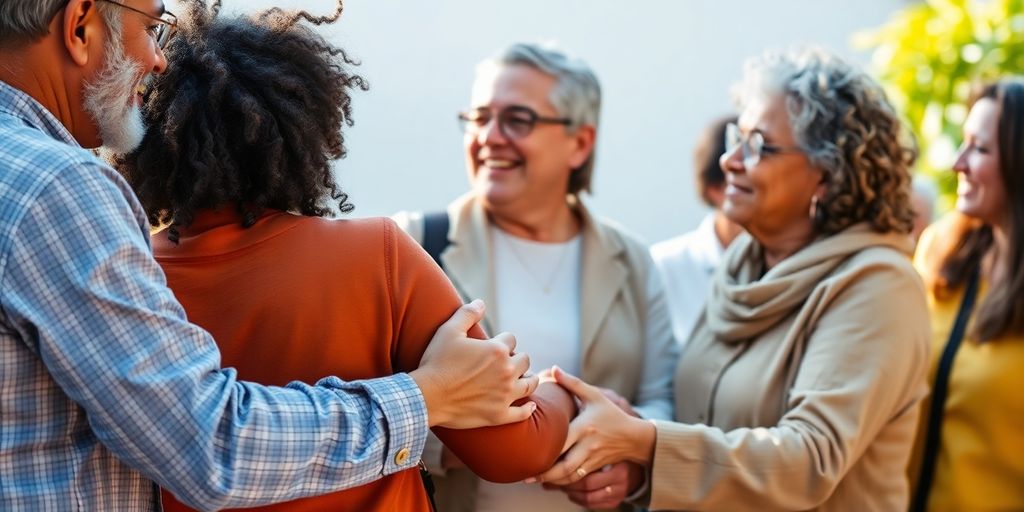 Diverse adults embracing, holding hands, smiling warmly.