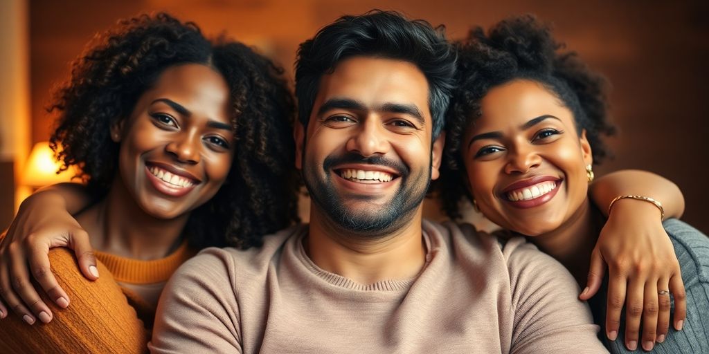 Diverse adults embracing, vibrant and warm lighting.