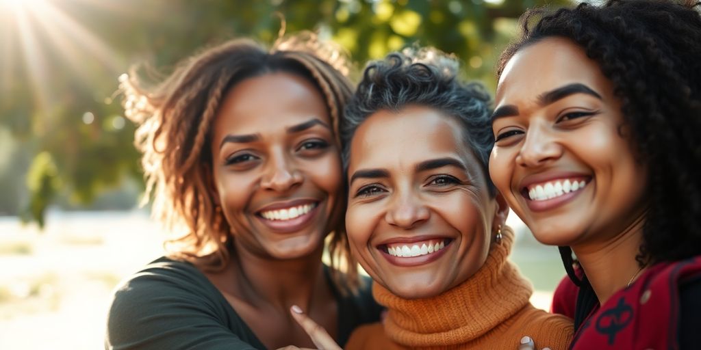 Diverse adults embracing, vibrant colors, warm light.