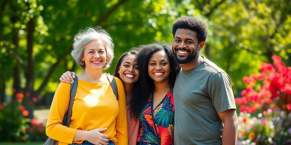 Diverse adults embracing, vibrant colors, warm lighting.