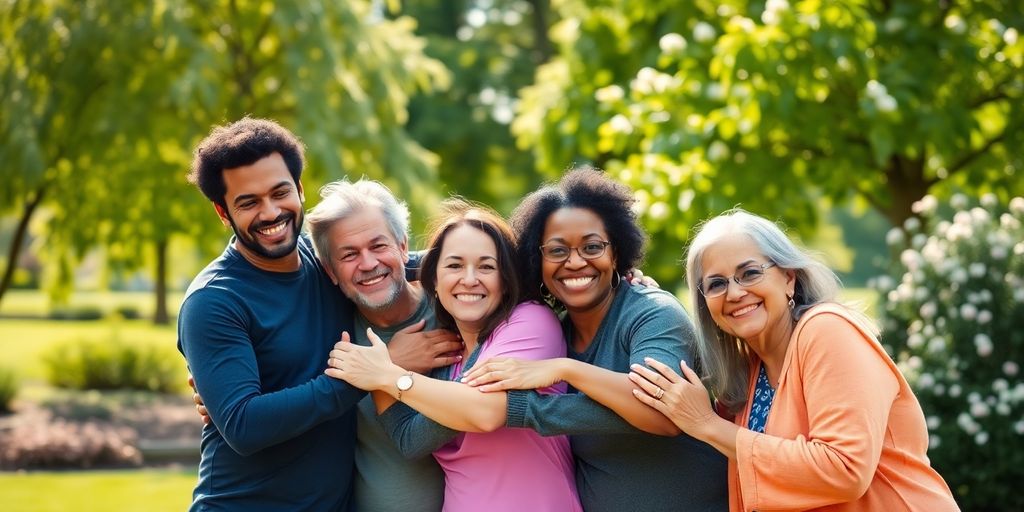Diverse adults embracing, vibrant, genuine warmth.