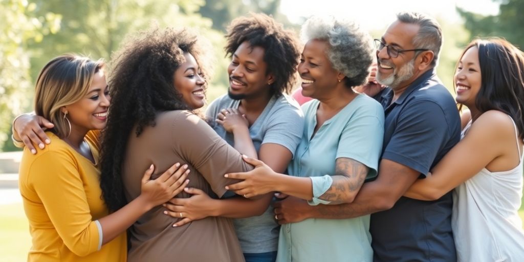 Diverse adults embracing, vibrant. 