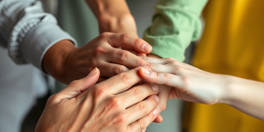 Diverse adults, hands intertwined, soft lighting.