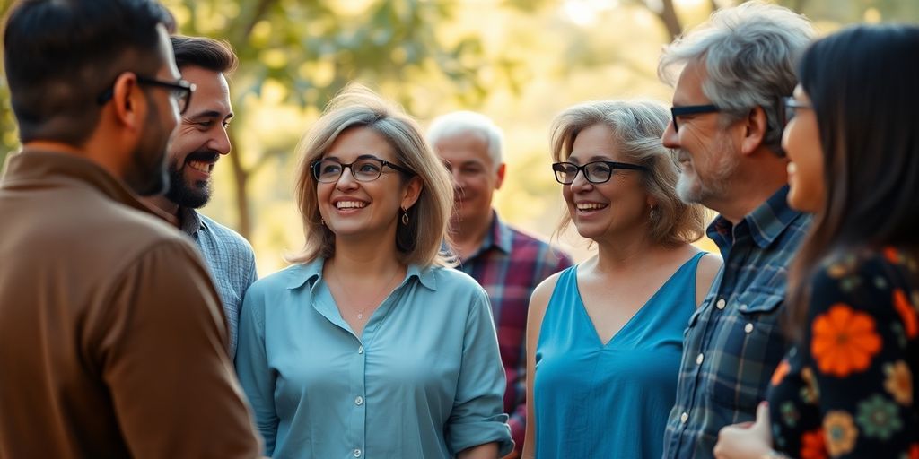 Diverse adults interacting openly, warm light.