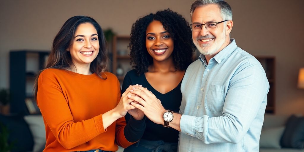 Diverse adults, intertwined hands, warm light.