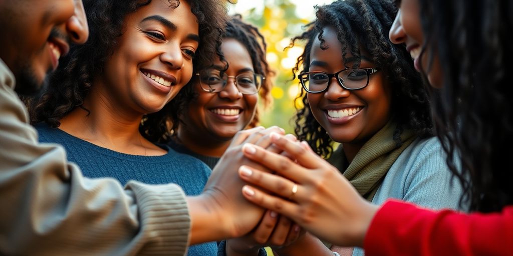 Diverse adults, intertwined hands, warm light.