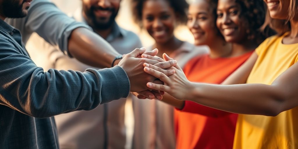 Diverse adults, intertwined hands, warm light, soft focus.