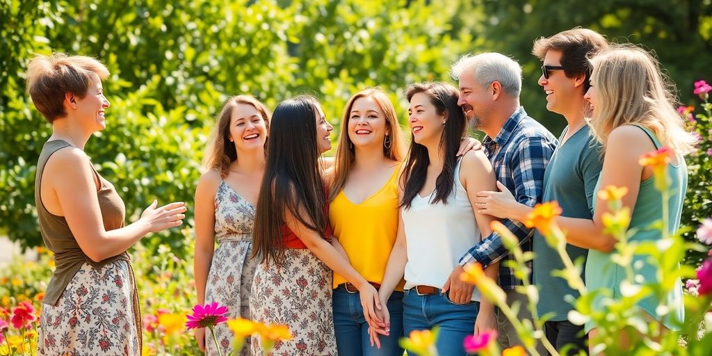 Diverse adults laughing, embracing outdoors.