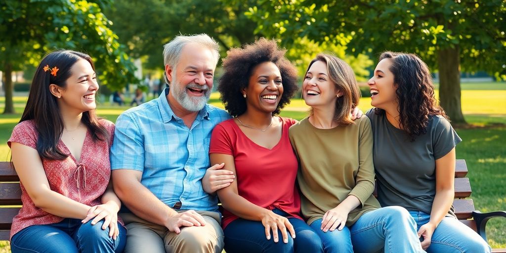 Diverse adults laughing together outdoors.