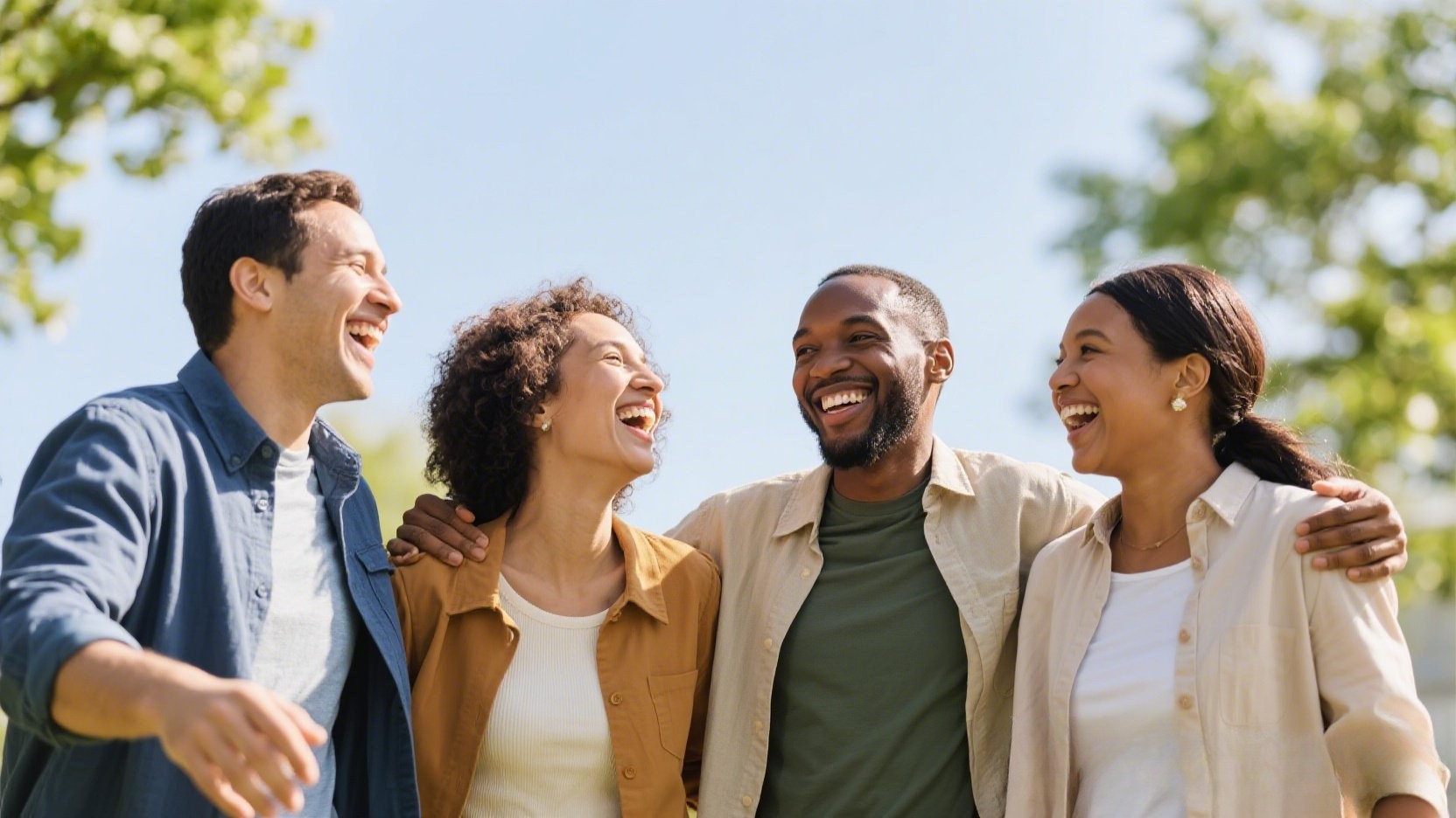 Diverse adults laughing together outdoors