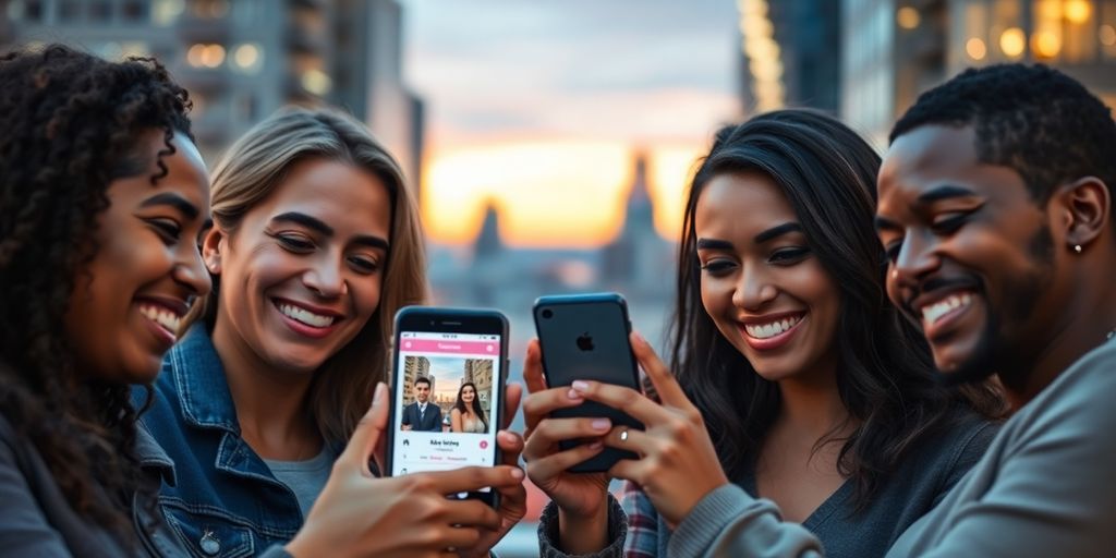 Diverse adults on dating app, vibrant colors, city lights.