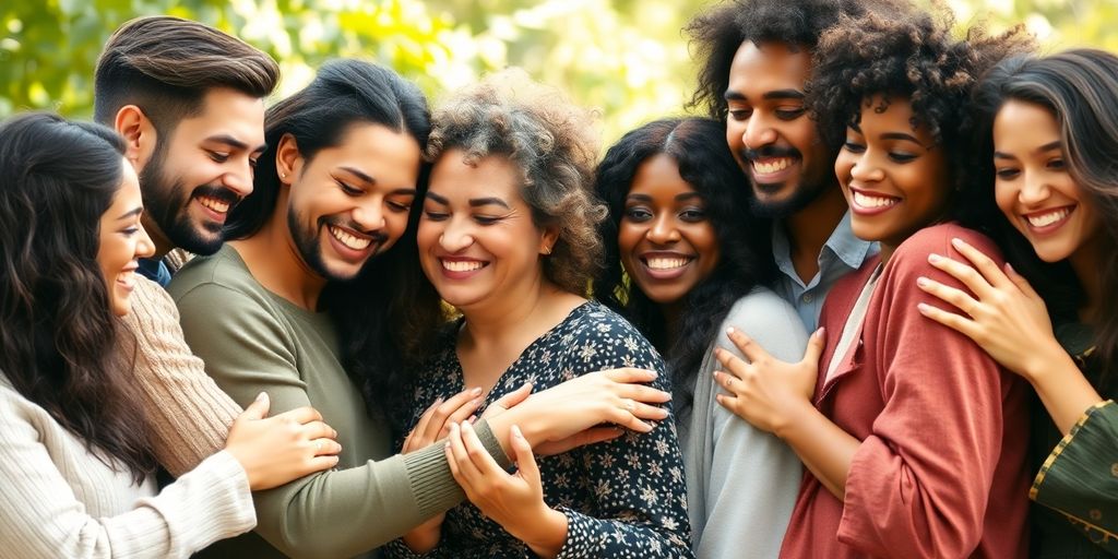 Diverse adults, some trans, in loving polyamorous embrace.