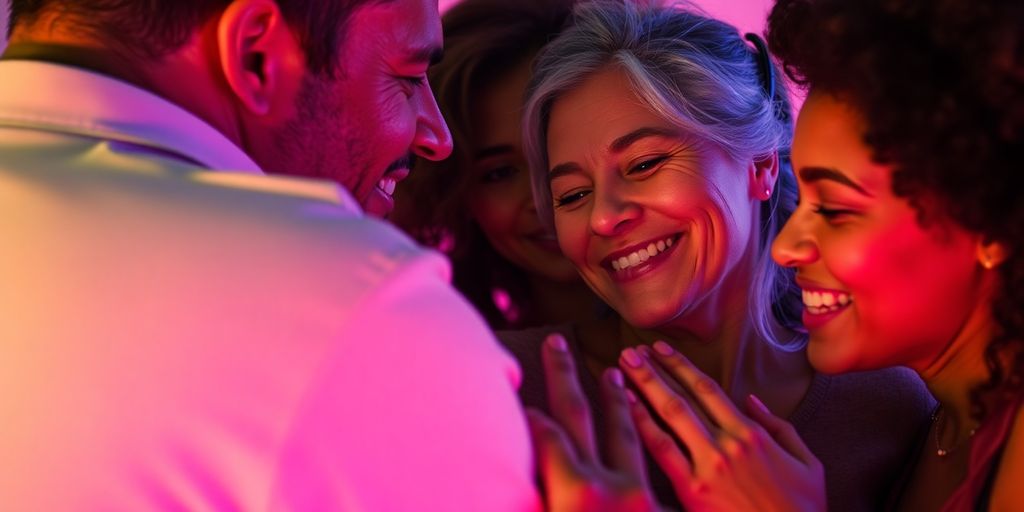 Diverse adults tenderly connect, colorful lighting, photographic.