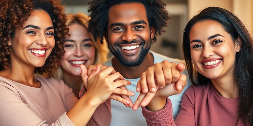 Diverse adults, warm colors, interconnected hands.