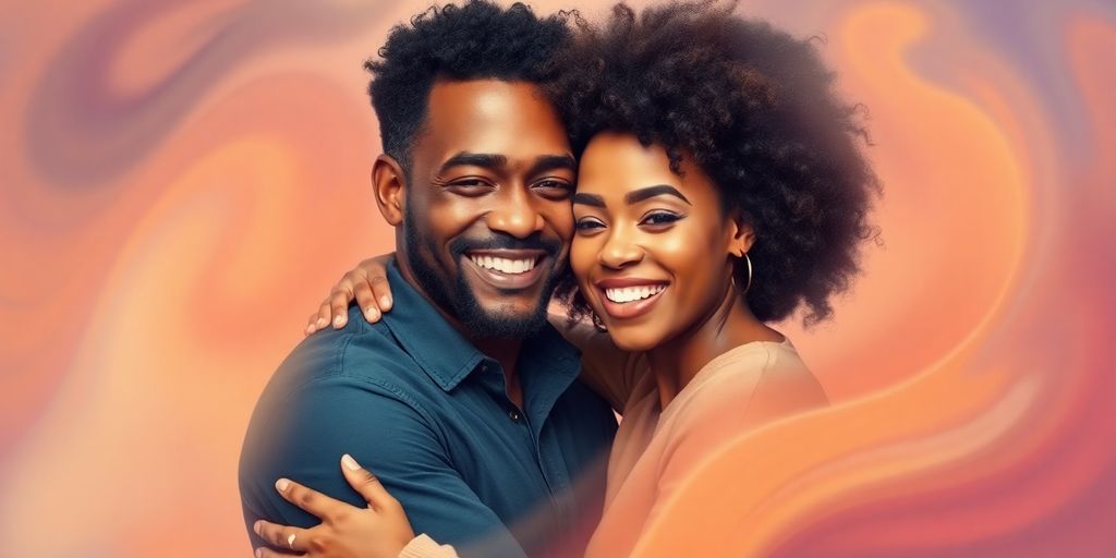 Diverse couple embracing, connected by swirling colors.
