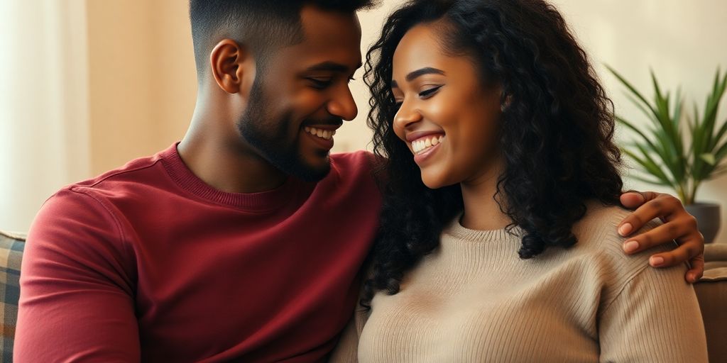 Diverse couple embracing, intimate connection.