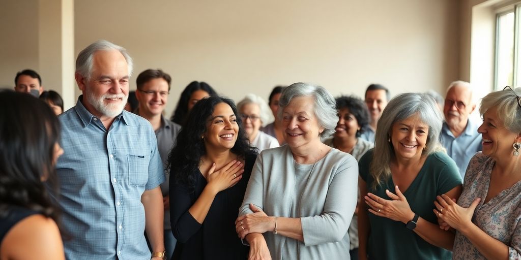 Diverse couple embracing, warm lighting.