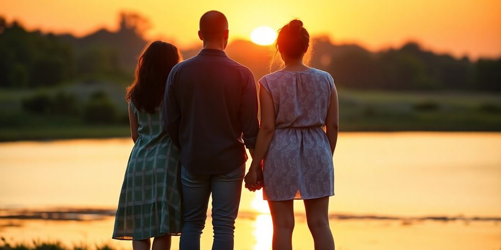 Diverse couple holding hands, facing a sunrise.