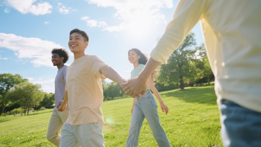 Diverse couples hold hands, sunlit park background.