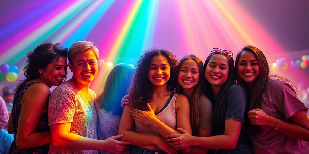 Diverse group celebrating with rainbow flags.