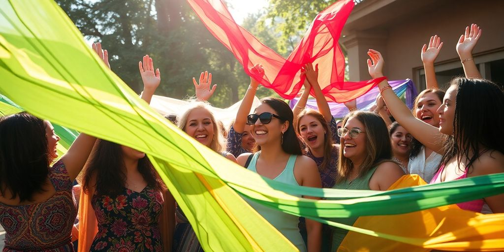 Diverse group celebrating with vibrant flags in sunlight.