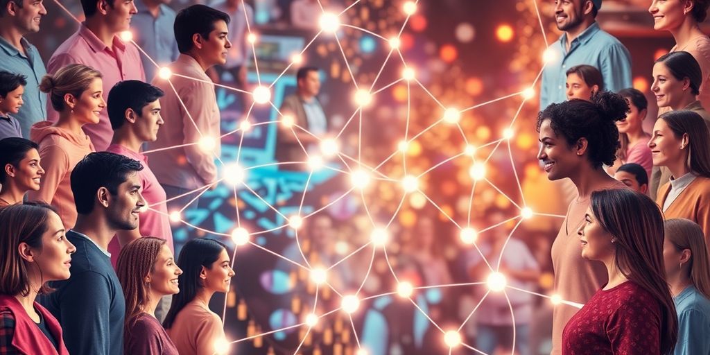 Diverse group connected by glowing lines.