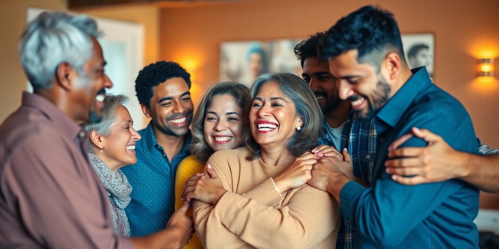 Diverse group embracing, colorful light, supportive community.