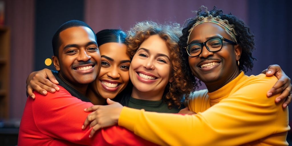Diverse group embracing, colorful light, warm atmosphere.