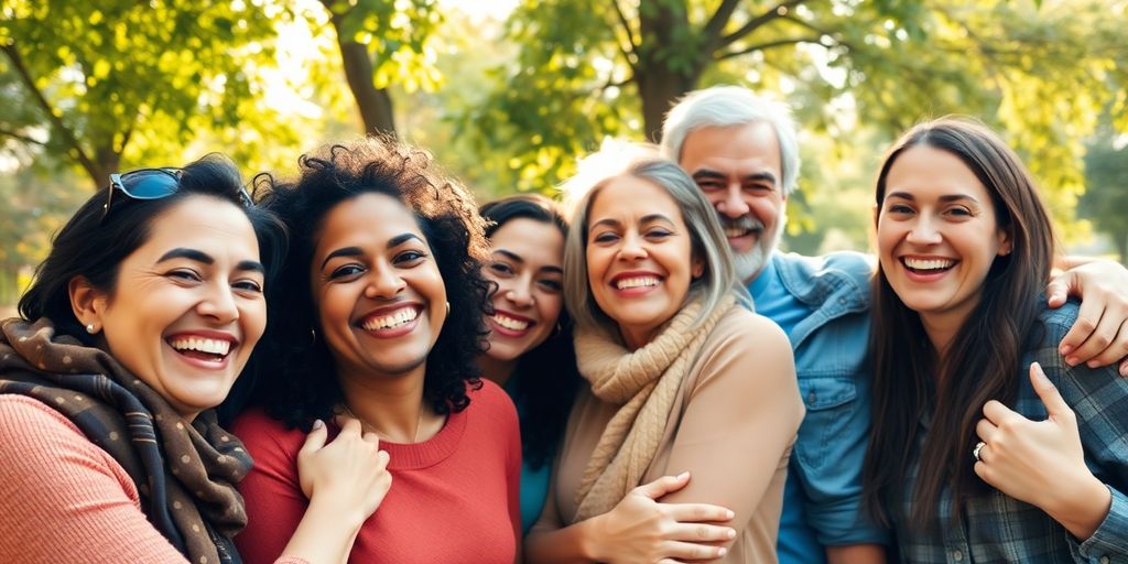 Diverse group embracing joyfully outdoors.