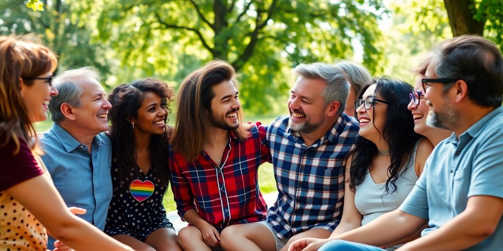 Diverse group embracing outdoors.