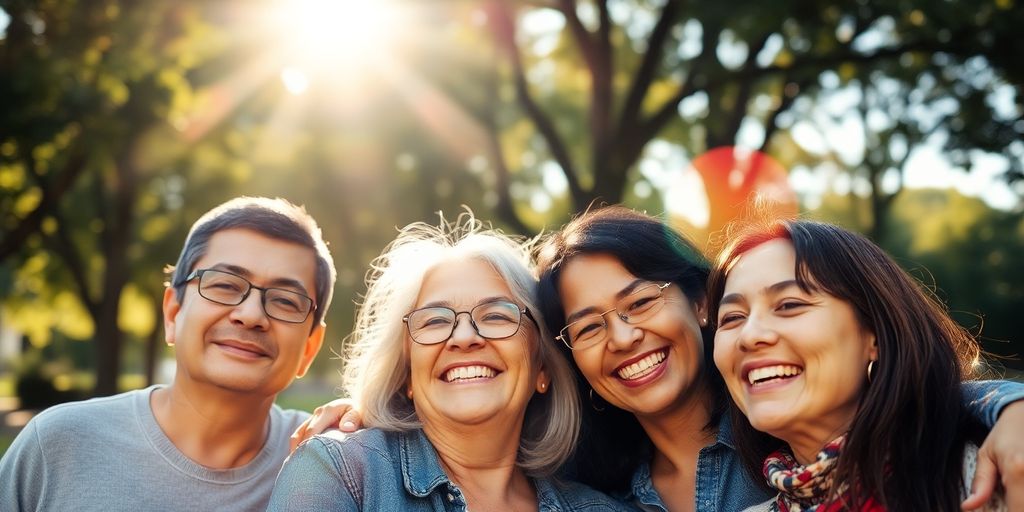 Diverse group embracing, rainbow colors, warm light.