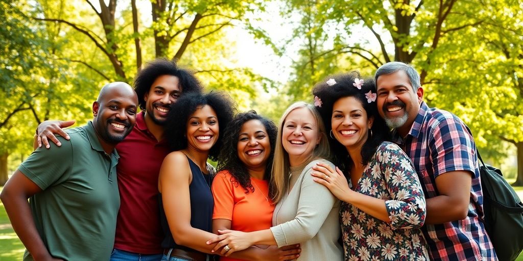 Diverse group embracing, vibrant colors, warm lighting.