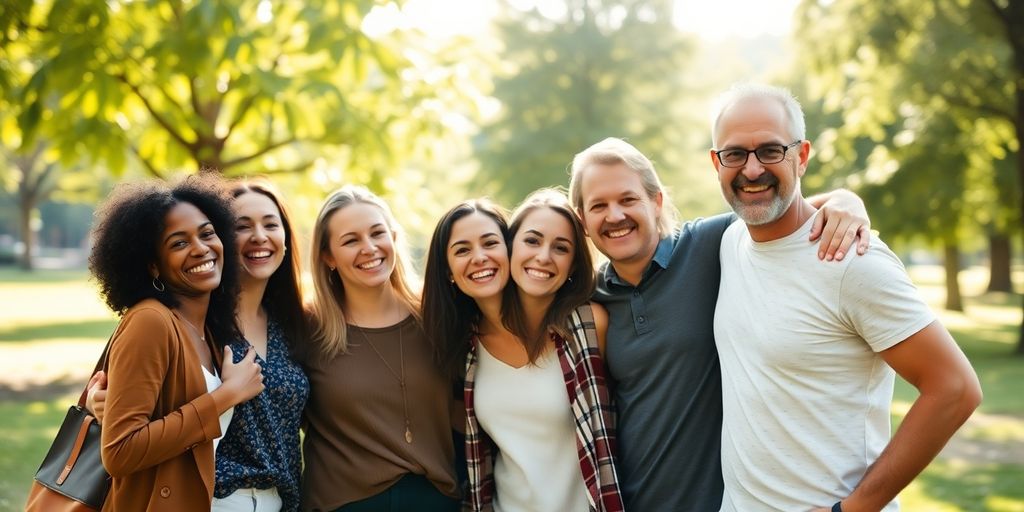 Diverse group happily embracing, smiling outdoors.
