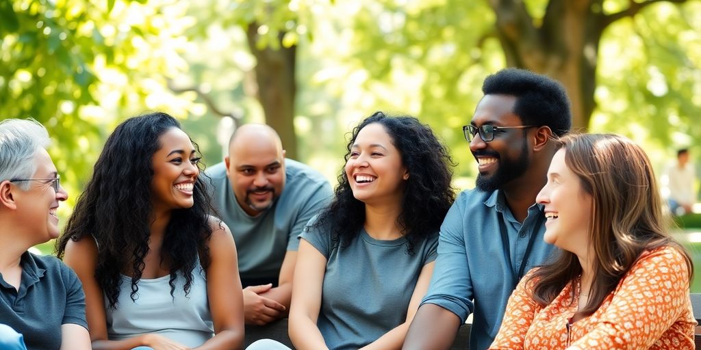 Diverse group happily interacting outdoors.