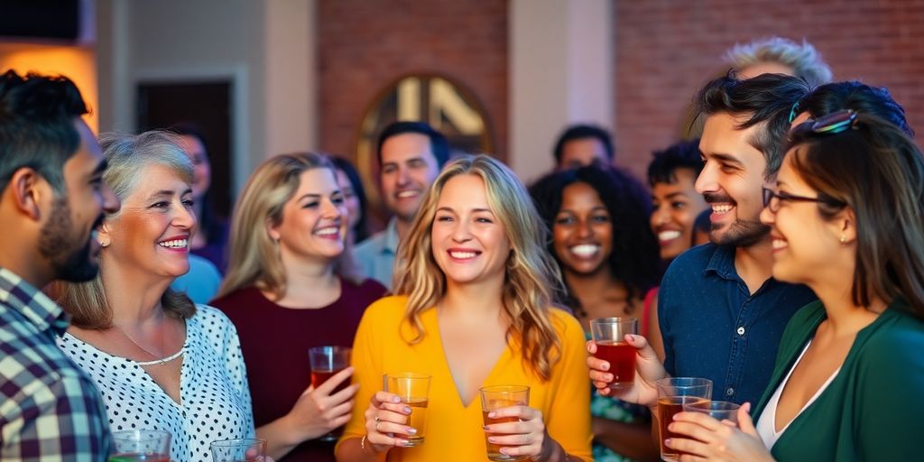Diverse group happily socializing, warm colorful lighting.