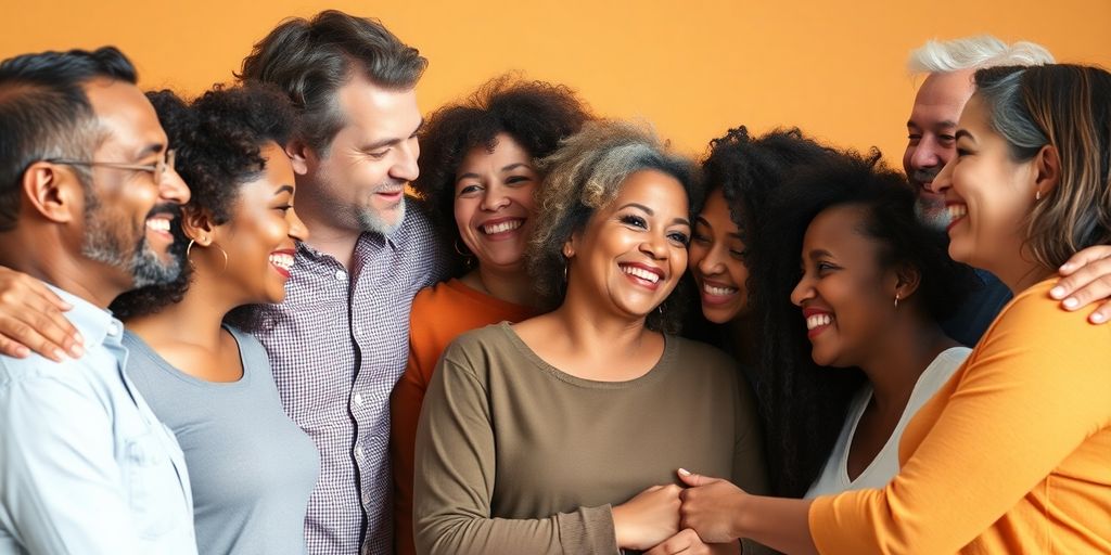 Diverse group hugs, vibrant background.