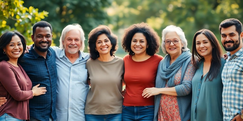 Diverse group in open, loving embrace.