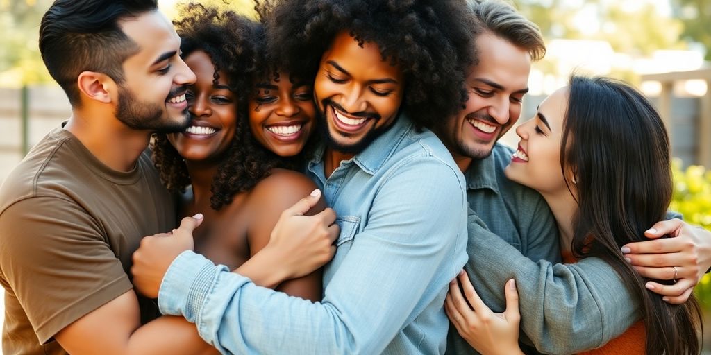 Diverse group in warm, intimate embrace outdoors.