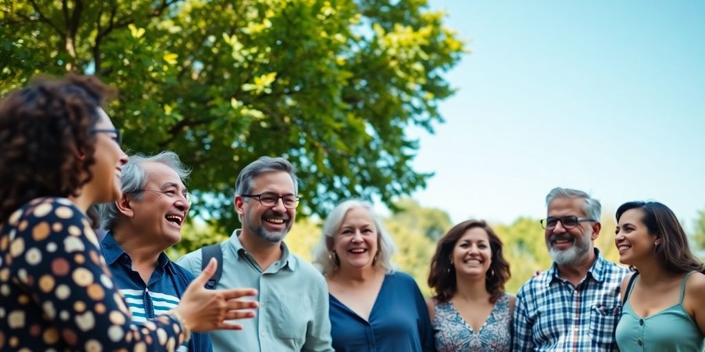 Diverse group laughing, connecting at park meetup.