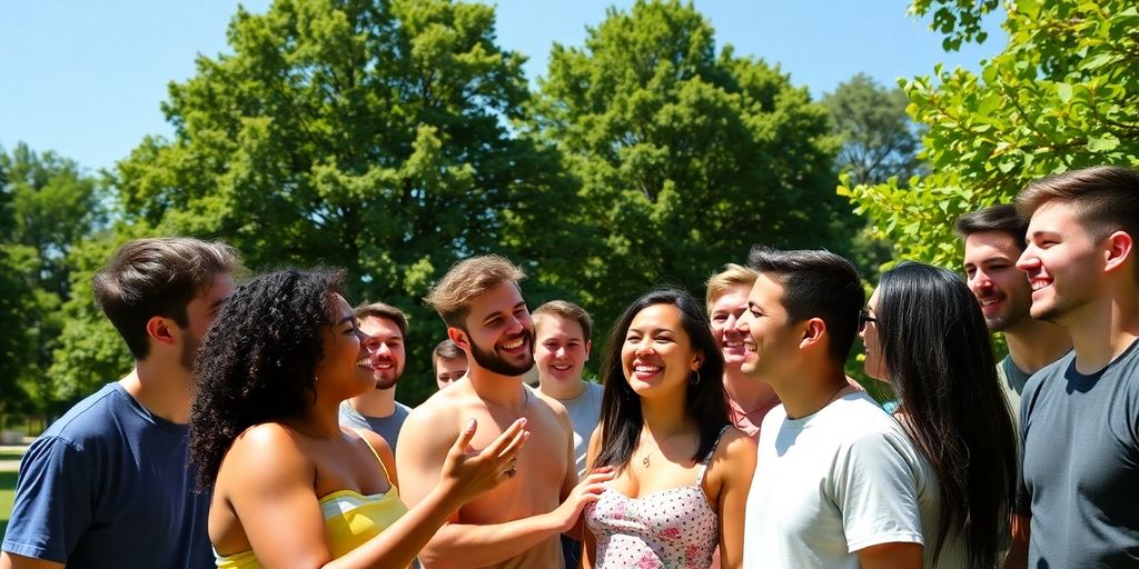 Diverse group laughing, embracing in sunny park.