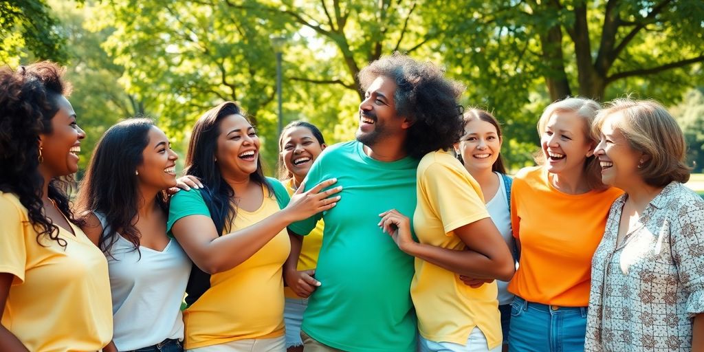 Diverse group laughing, hugging in sunlit park.
