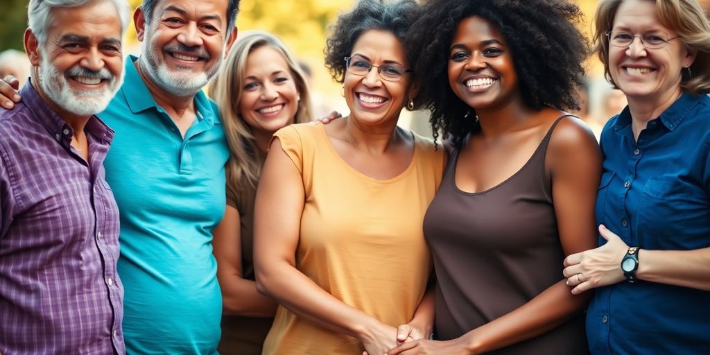 Diverse group of adults holding hands, smiling